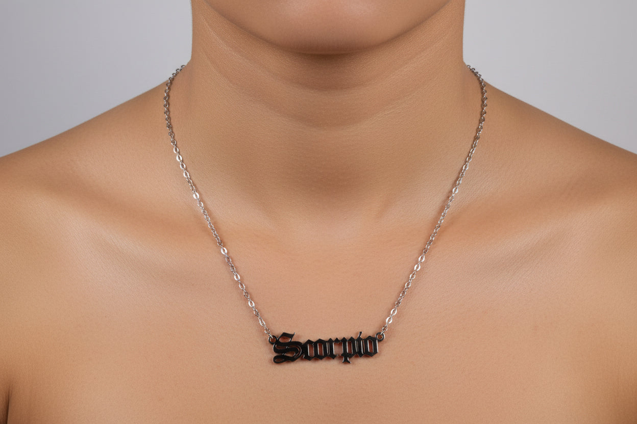 Scorpio Zodiac Necklace – Old English Style Horoscope Pendant, Astrology Jewelry Gift for Him & Her