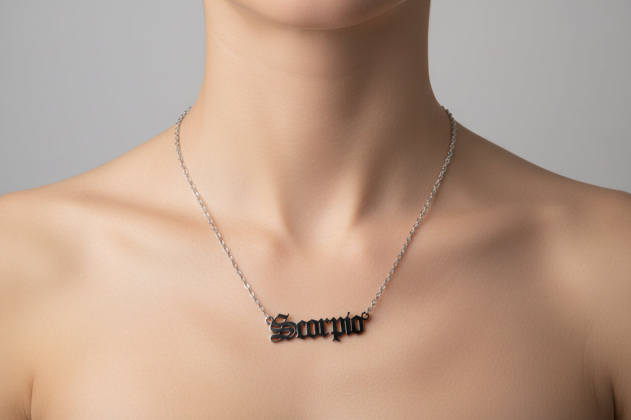 Scorpio Zodiac Necklace – Old English Style Horoscope Pendant, Astrology Jewelry Gift for Him & Her