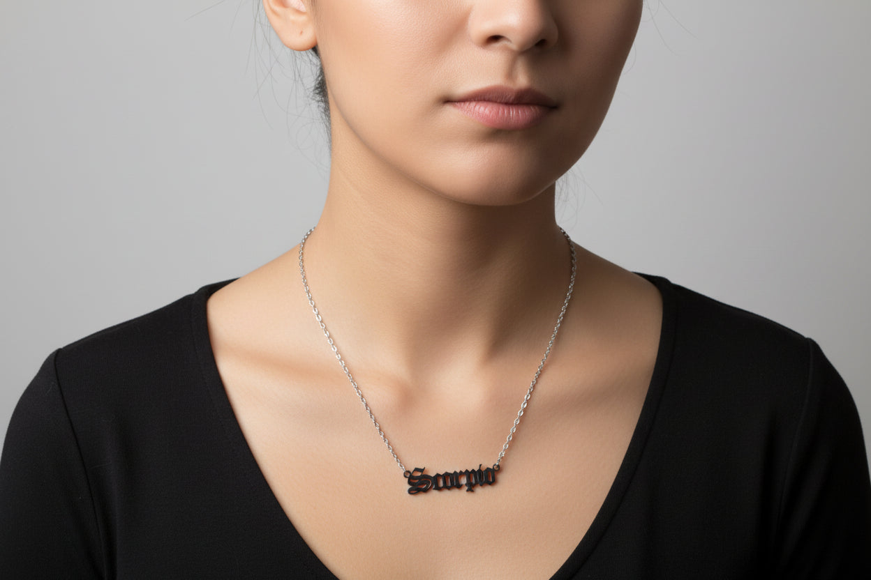 Scorpio Zodiac Necklace – Old English Style Horoscope Pendant, Astrology Jewelry Gift for Him & Her