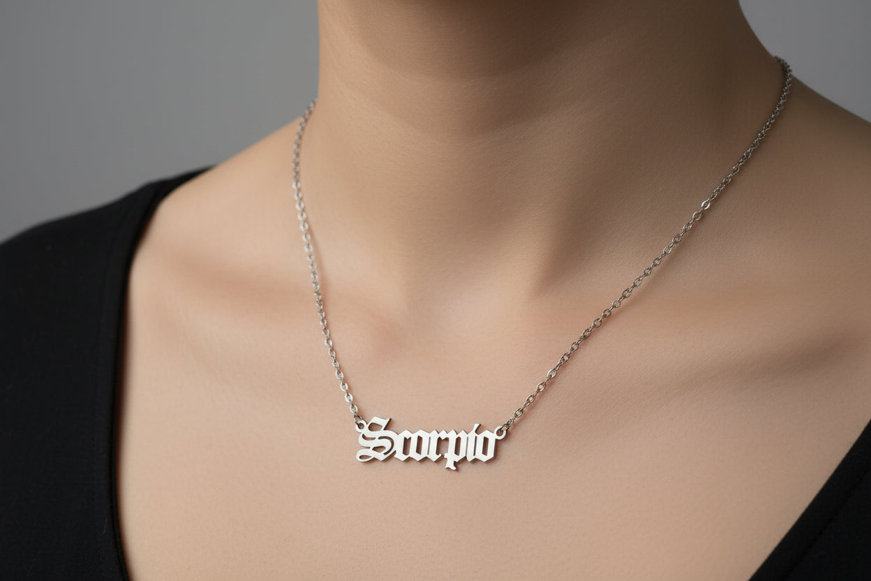 Scorpio Zodiac Necklace – Old English Style Horoscope Pendant, Astrology Jewelry Gift for Him & Her