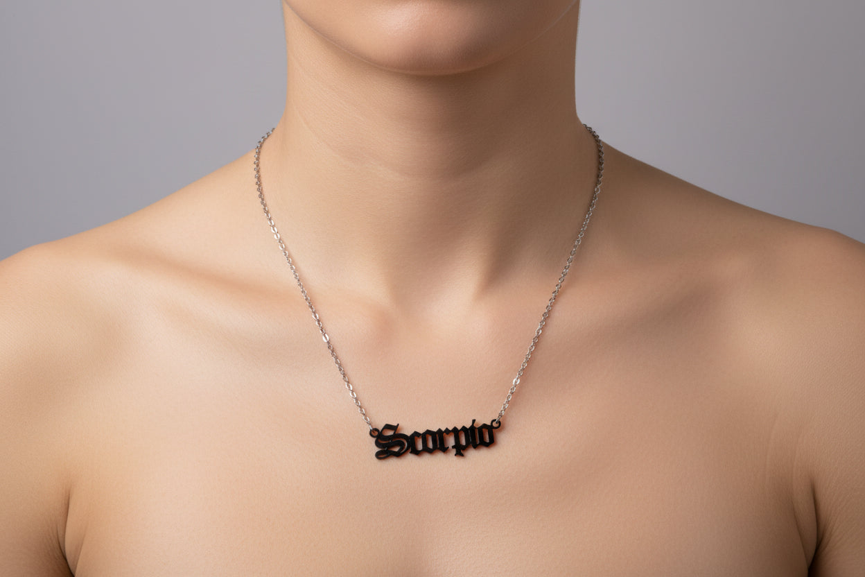 Scorpio Zodiac Necklace – Old English Style Horoscope Pendant, Astrology Jewelry Gift for Him & Her