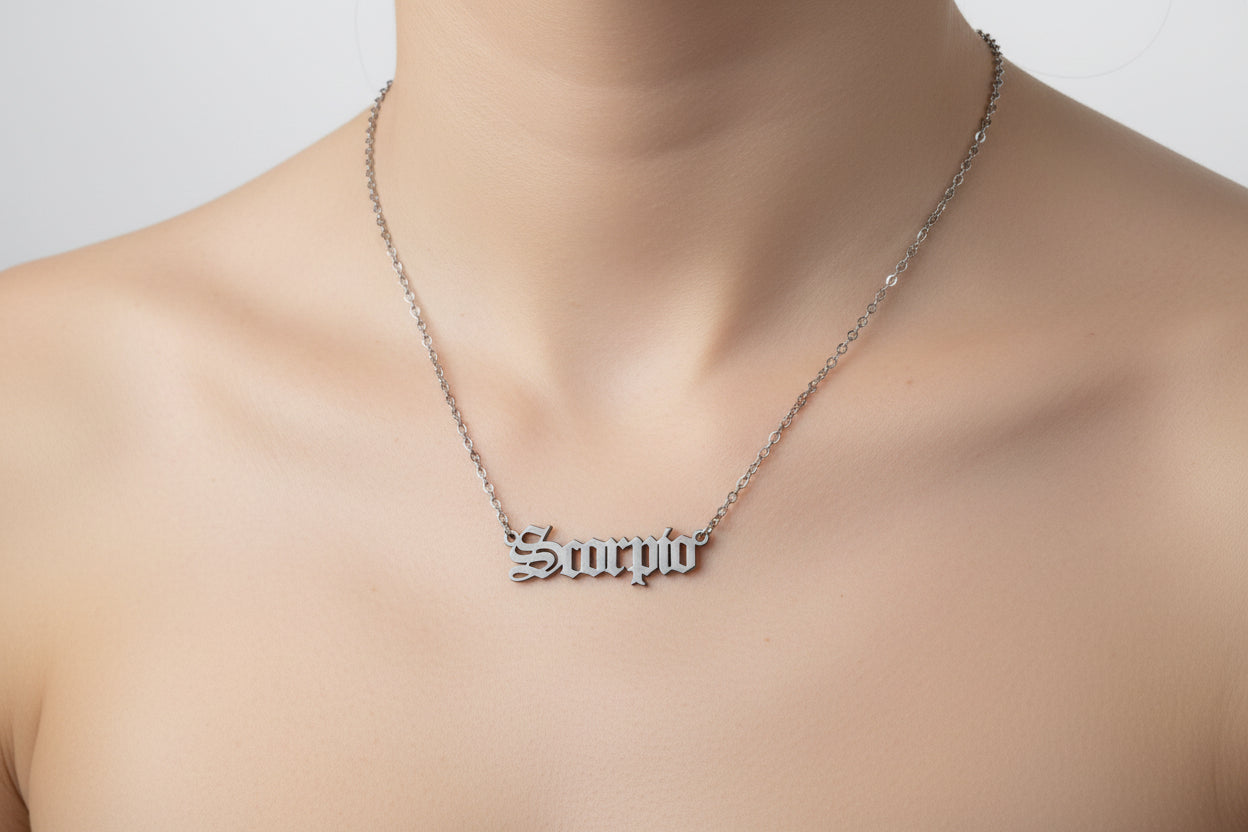 Scorpio Zodiac Necklace – Old English Style Horoscope Pendant, Astrology Jewelry Gift for Him & Her