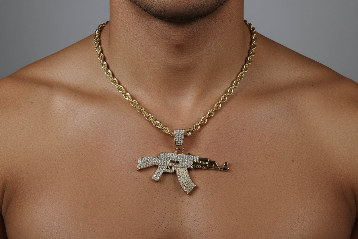 Iced AK-47 Pendant Necklace – 11mm Cuban Chain, Hip Hop Jewelry