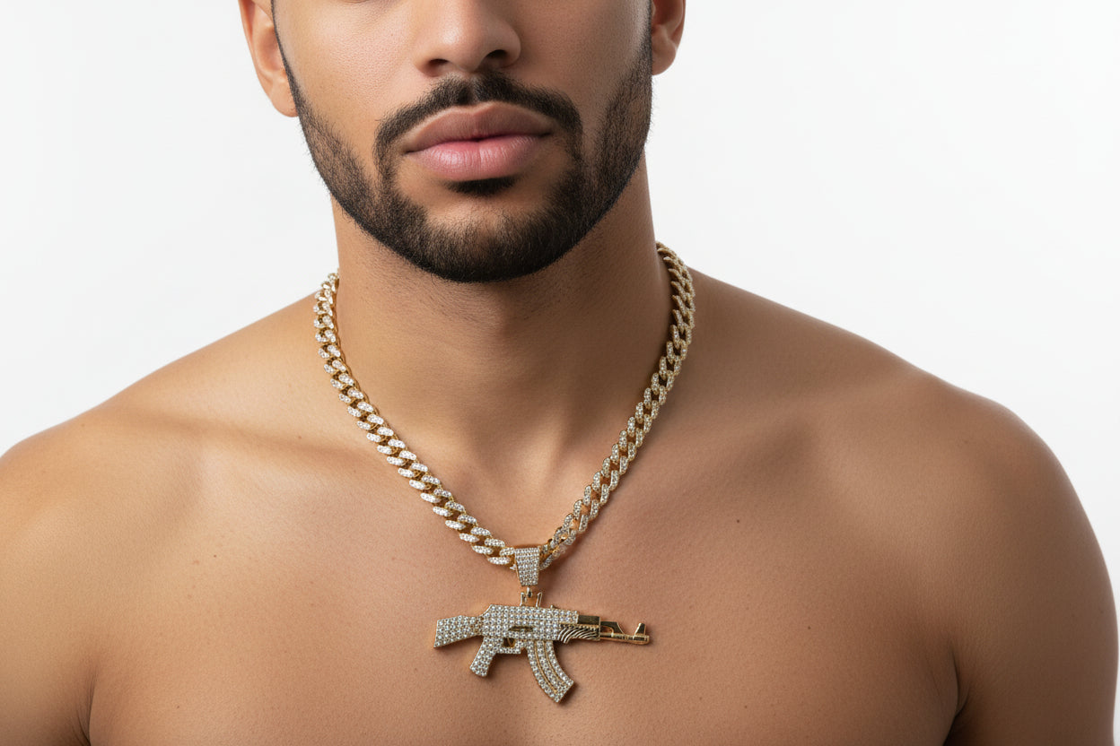 Iced AK-47 Pendant Necklace – 11mm Cuban Chain, Hip Hop Jewelry