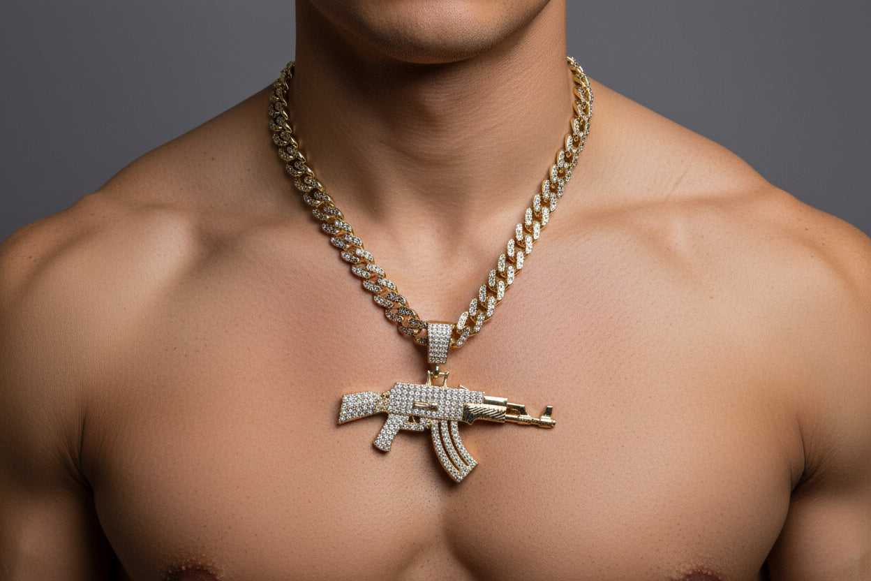 Iced AK-47 Pendant Necklace – 11mm Cuban Chain, Hip Hop Jewelry