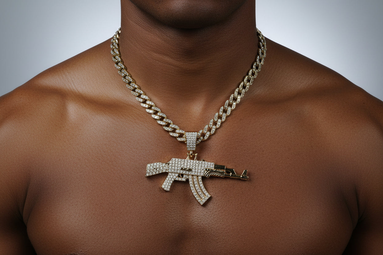 Iced AK-47 Pendant Necklace – 11mm Cuban Chain, Hip Hop Jewelry