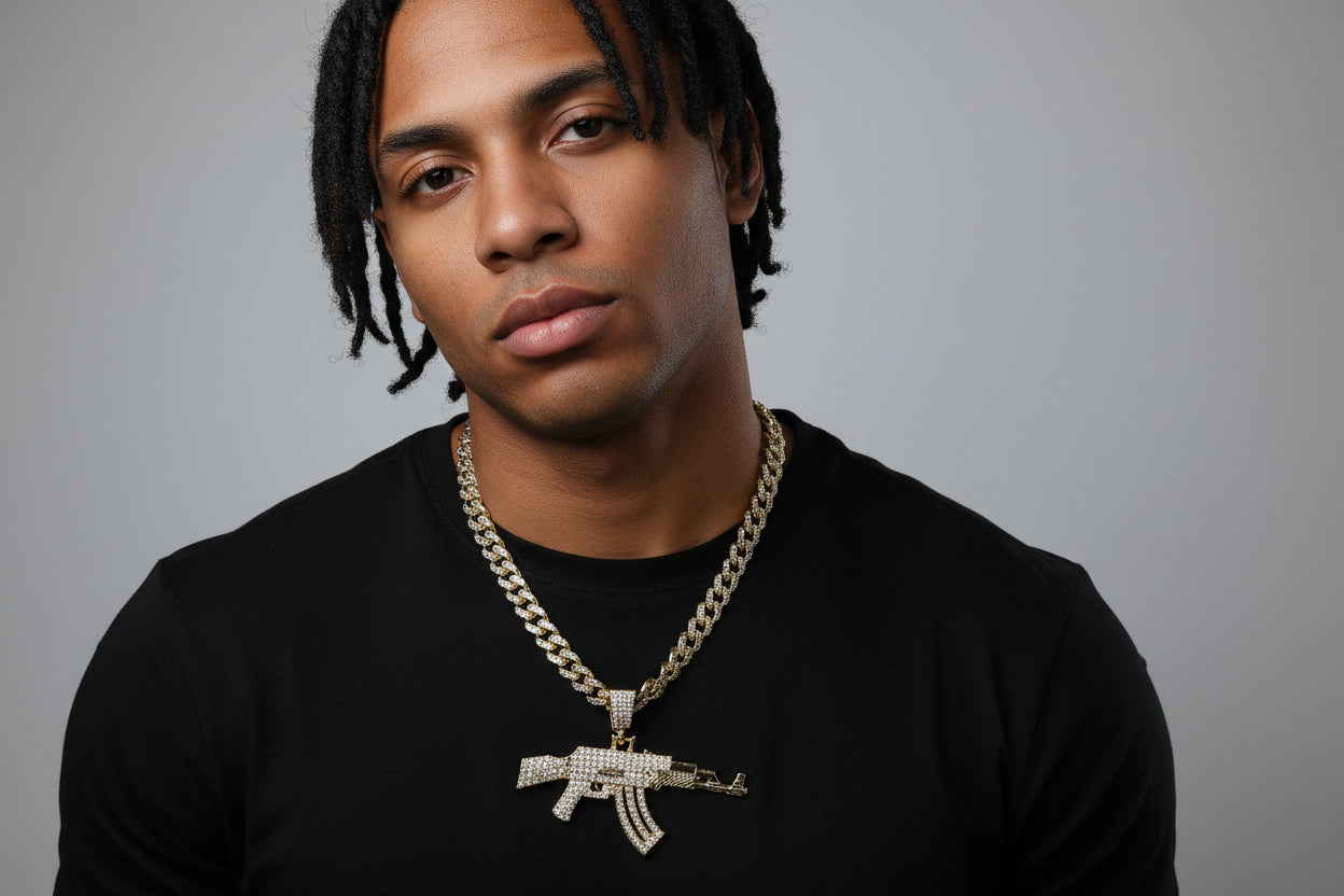 Iced AK-47 Pendant Necklace – 11mm Cuban Chain, Hip Hop Jewelry