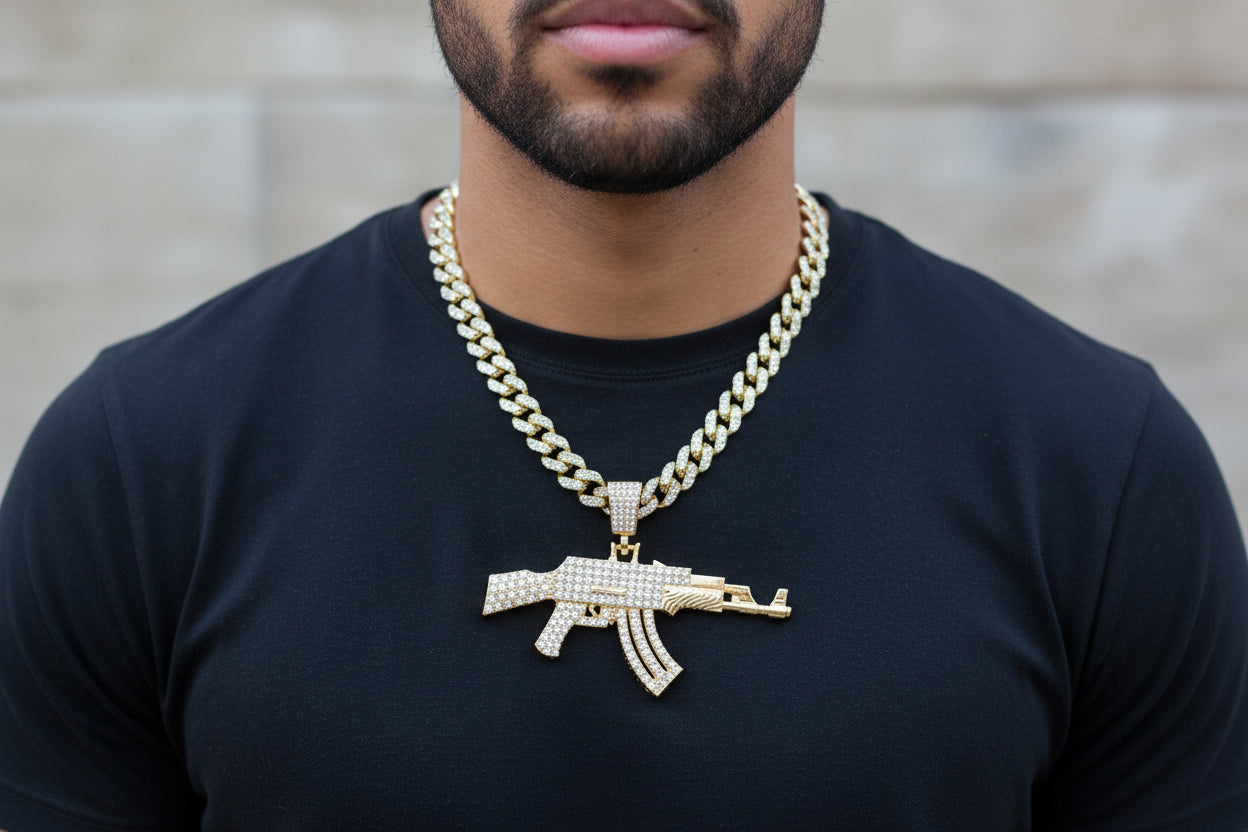 Iced AK-47 Pendant Necklace – 11mm Cuban Chain, Hip Hop Jewelry