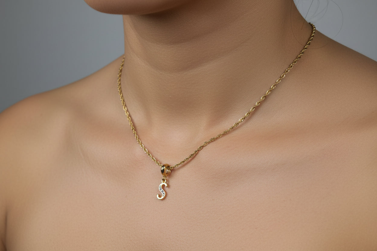 Gold Plated Initial “S” Necklace – English Alphabet Letter Pendant with Cubic Zirconia, Personalized Jewelry Gift
