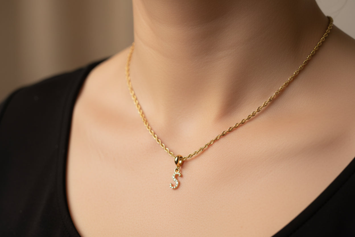 Gold Plated Initial “S” Necklace – English Alphabet Letter Pendant with Cubic Zirconia, Personalized Jewelry Gift