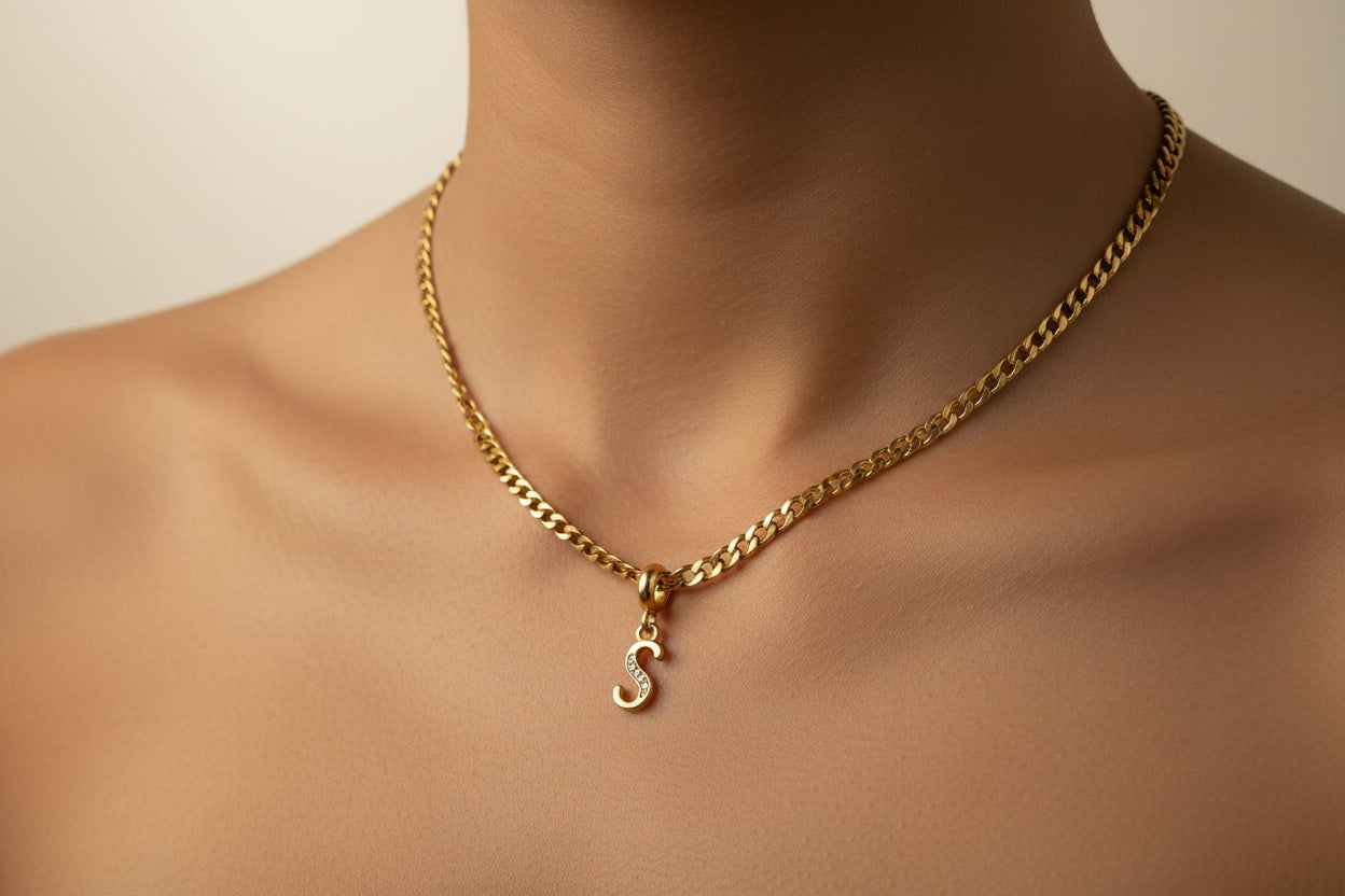 Gold Plated Initial “S” Necklace – English Alphabet Letter Pendant with Cubic Zirconia, Personalized Jewelry Gift