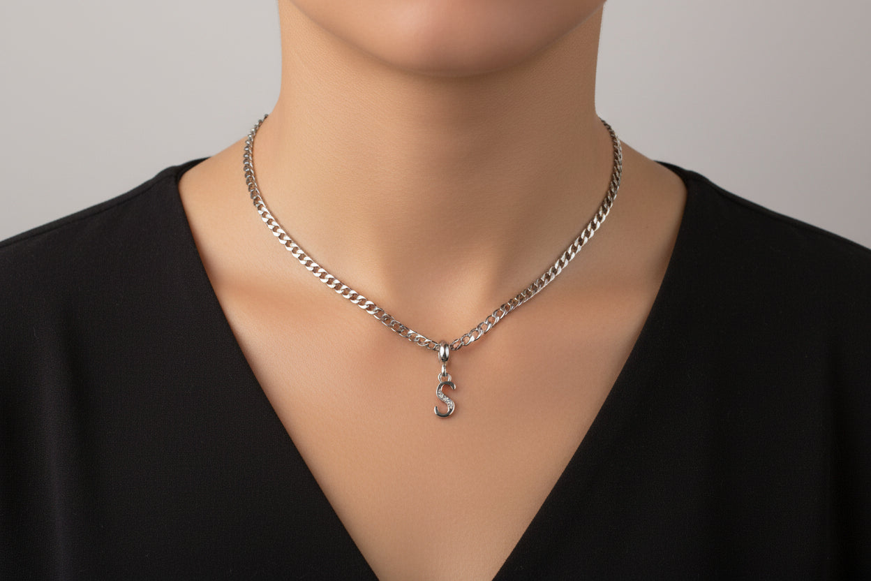 Gold Plated Initial “S” Necklace – English Alphabet Letter Pendant with Cubic Zirconia, Personalized Jewelry Gift