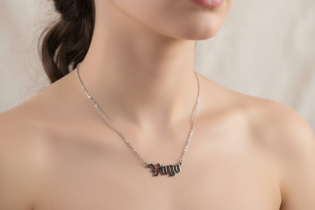 Old English Virgo Necklace • Stainless Steel Zodiac Pendant