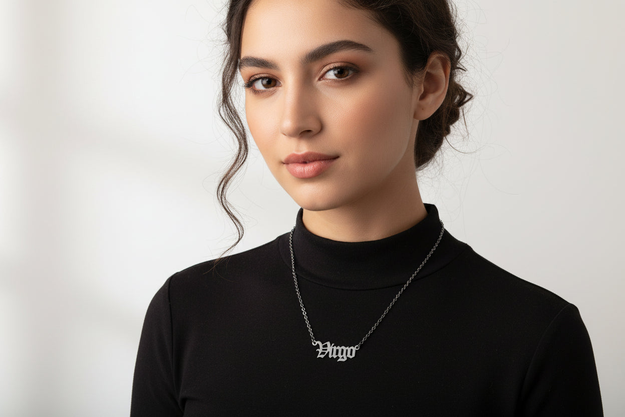 Old English Virgo Necklace • Stainless Steel Zodiac Pendant
