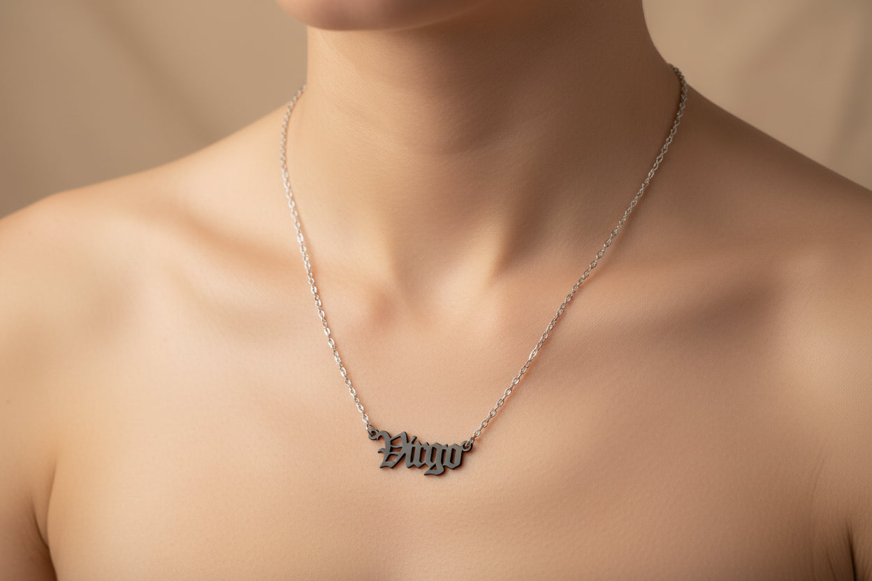 Old English Virgo Necklace • Stainless Steel Zodiac Pendant