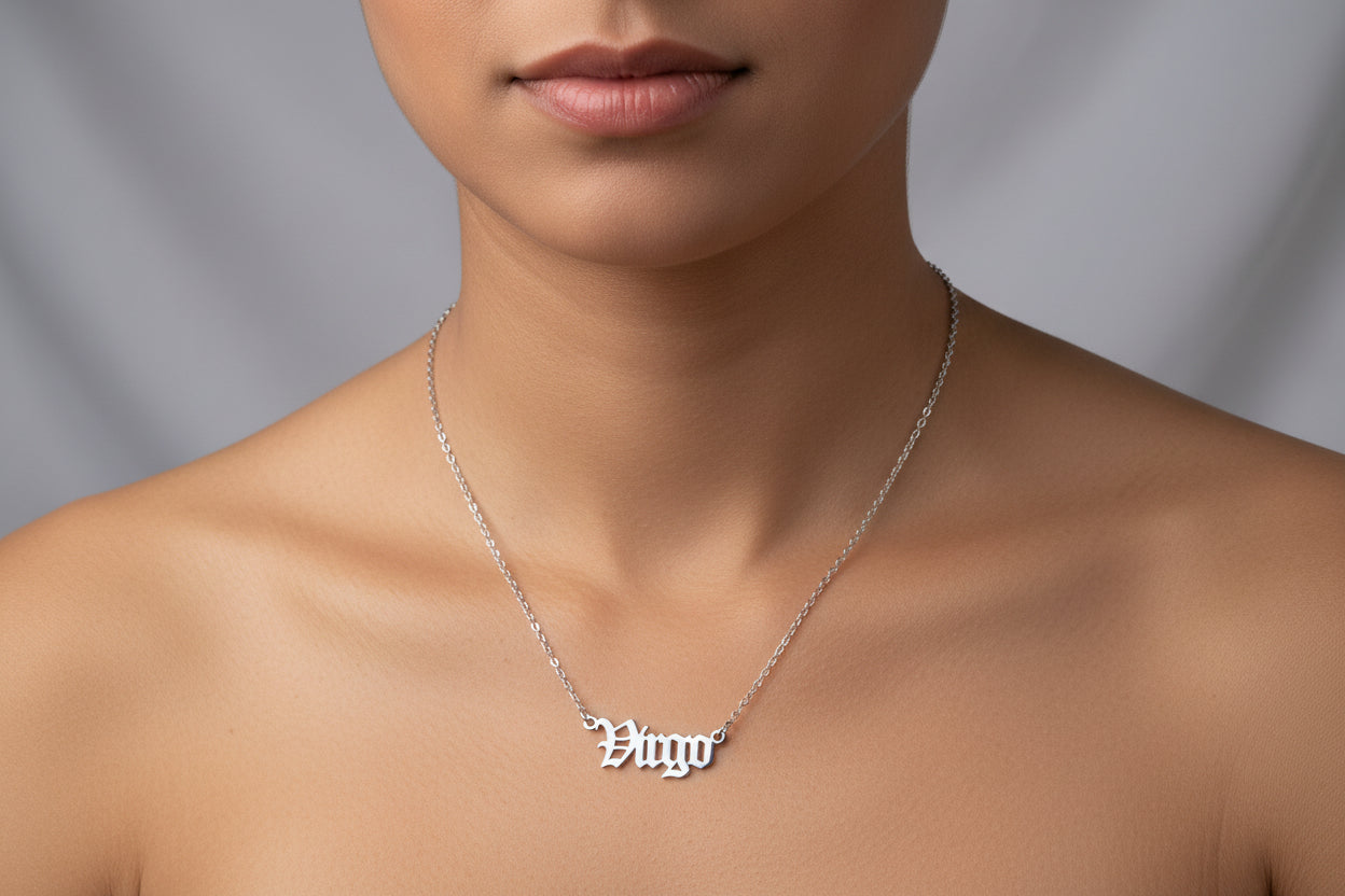 Old English Virgo Necklace • Stainless Steel Zodiac Pendant