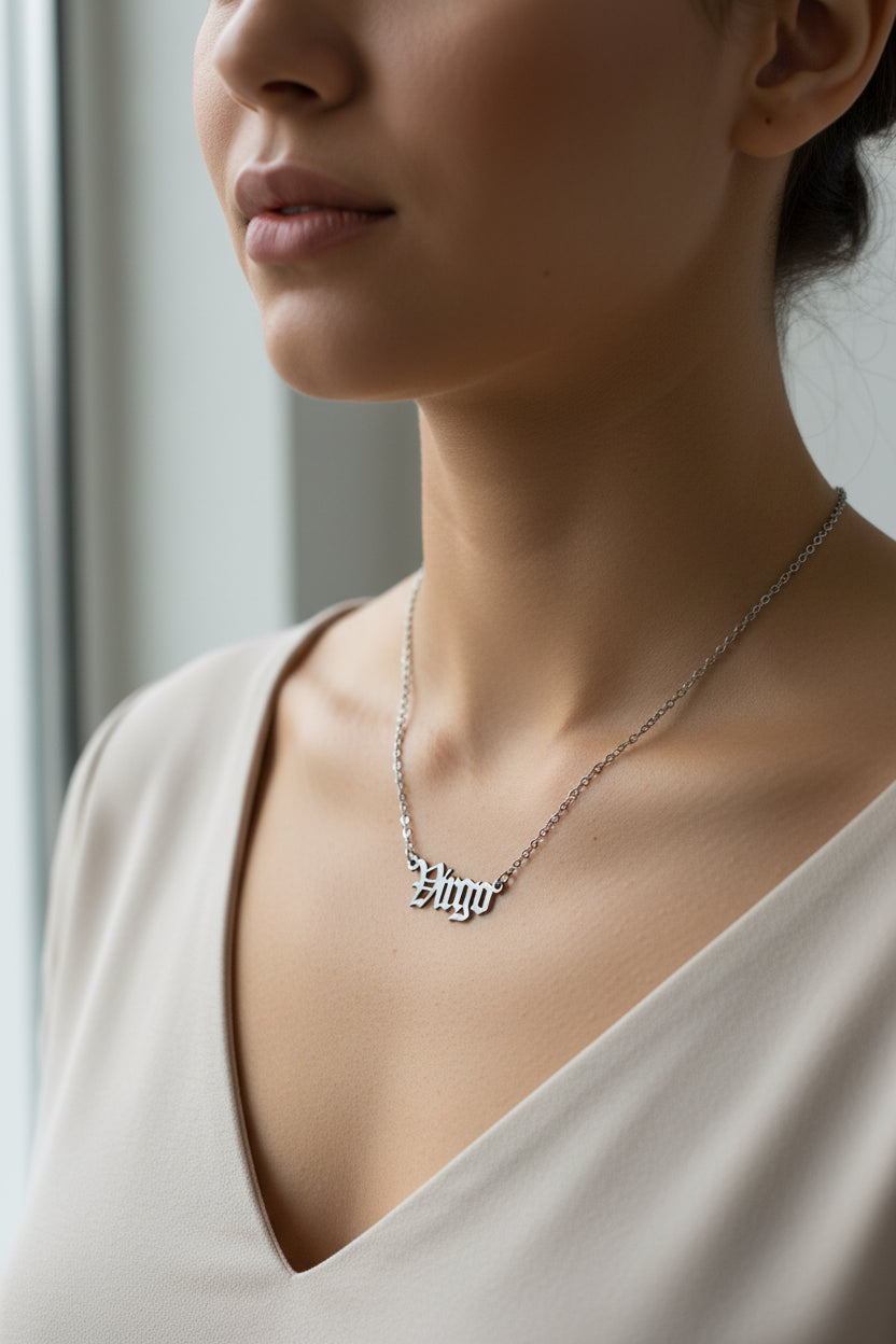 Old English Virgo Necklace • Stainless Steel Zodiac Pendant