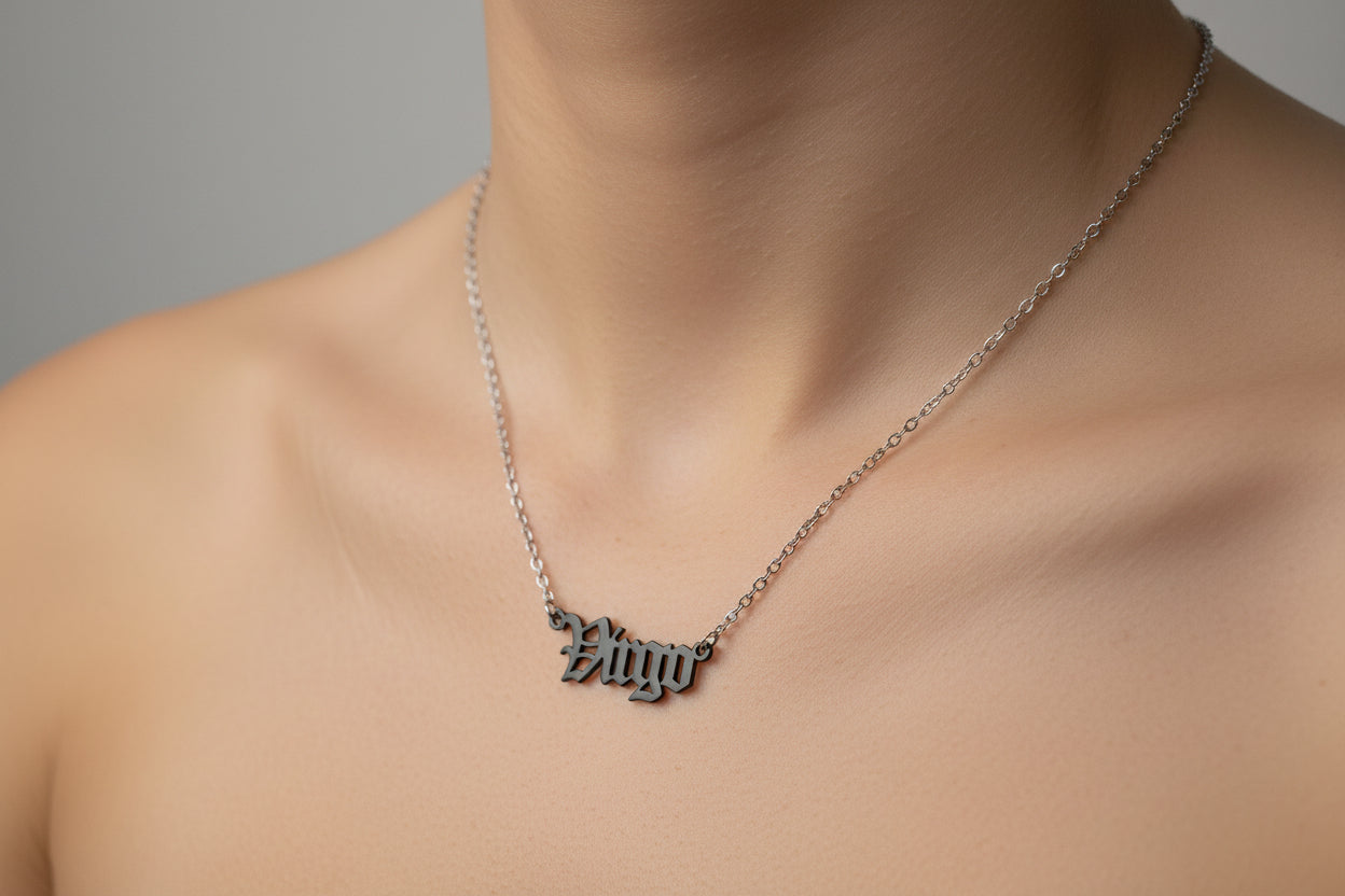 Old English Virgo Necklace • Stainless Steel Zodiac Pendant