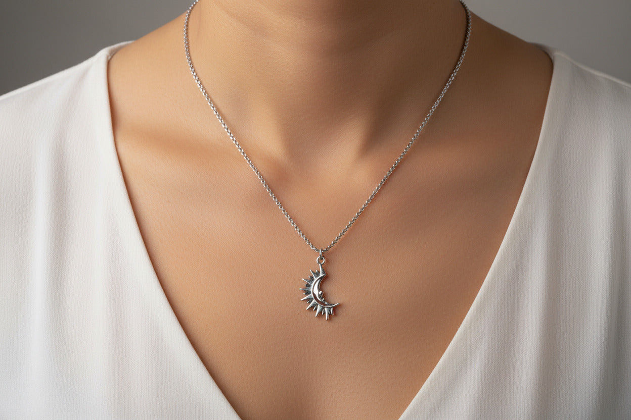 Silver Sun and Moon Pendant Necklace, Celestial Talisman