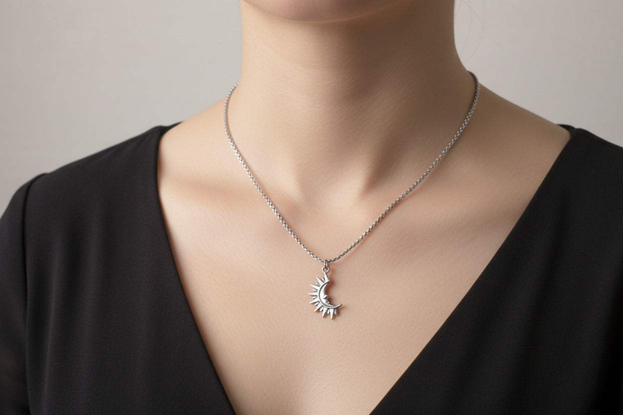 Silver Sun and Moon Pendant Necklace, Celestial Talisman