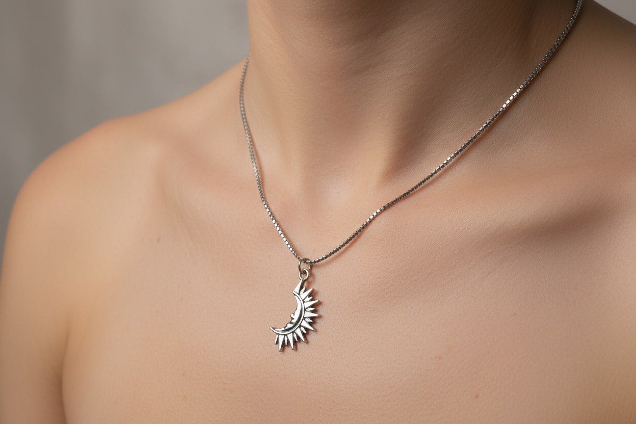 Silver Sun and Moon Pendant Necklace, Celestial Talisman