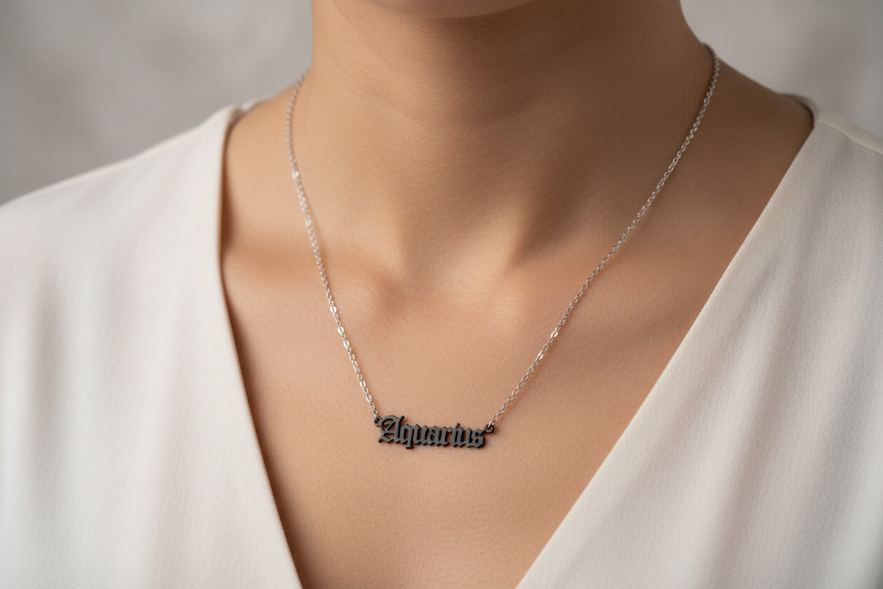 Aquarius Necklace • Old English Zodiac Horoscope Pendant