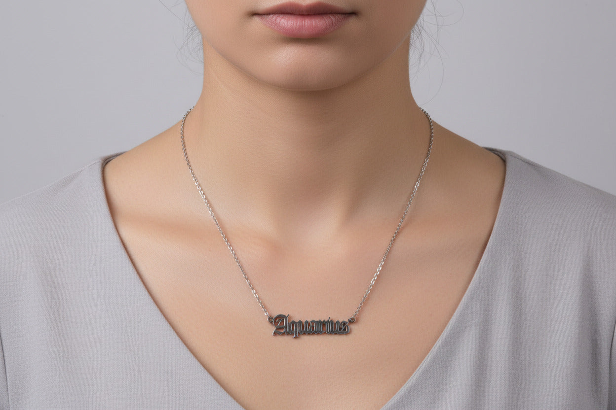 Aquarius Necklace • Old English Zodiac Horoscope Pendant