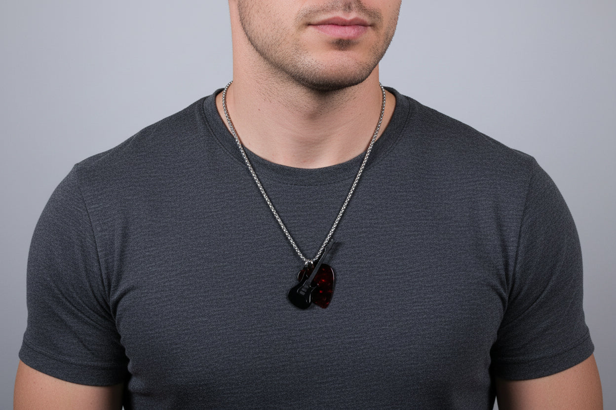Black Electric Guitar Necklace | Stainless Steel Rock Music Pendant
