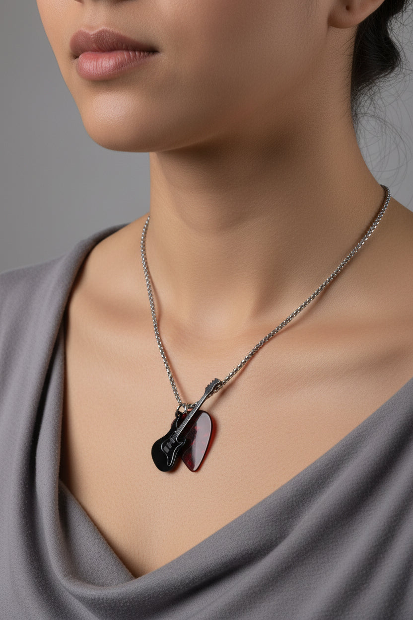 Black Electric Guitar Necklace | Stainless Steel Rock Music Pendant