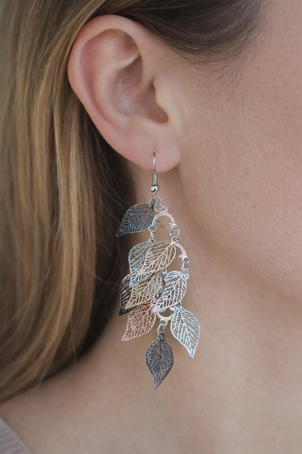 Boho Silver Dangle Earrings – Layered Leaf Statement Earrings – Bohemian Chandelier Earrings – Vintage Leaf Earrings for Women