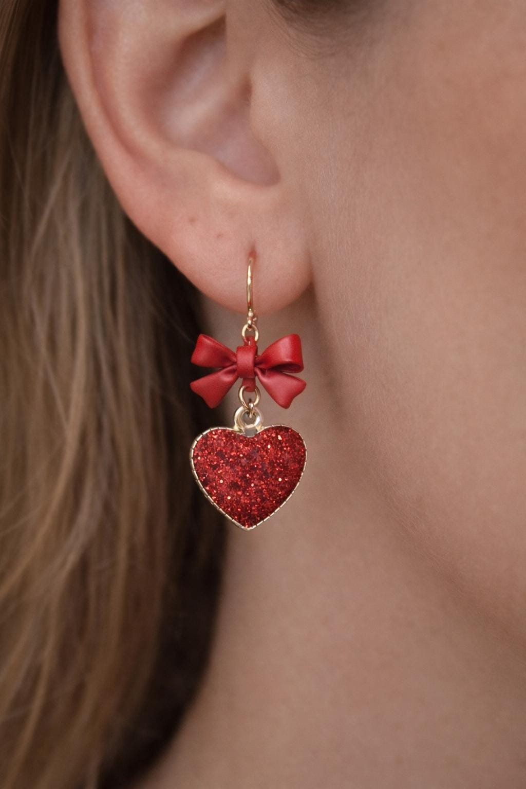 Red Glitter Heart Drop Earrings with Bow, Cute Romantic Dangle Earrings, Valentine’s Day Jewellery Gift, Love Heart Earrings