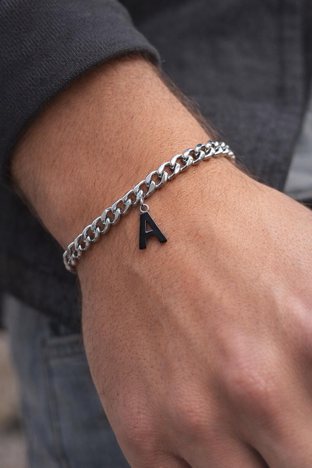Personalised Initial Bracelet for Men, Silver Curb Chain Bracelet with Letter Charm, Men’s Stainless Steel Bracelet, Minimalist Gift for Him