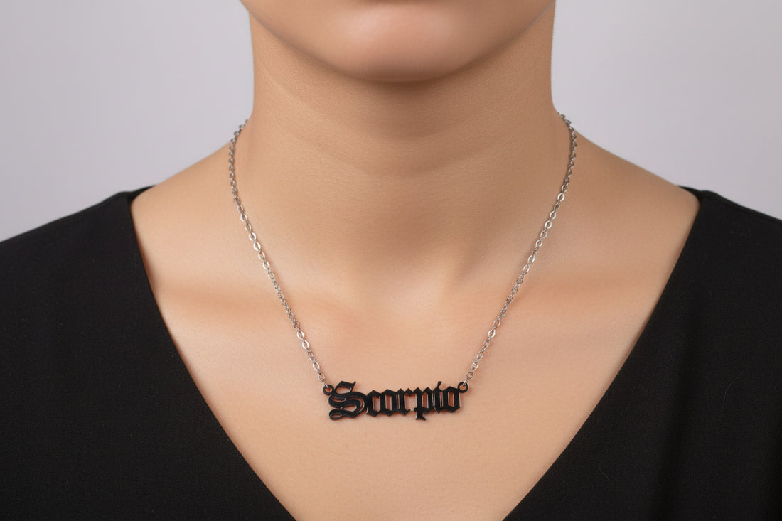 Scorpio Zodiac Necklace – Old English Style Horoscope Pendant, Astrology Jewelry Gift for Him & Her