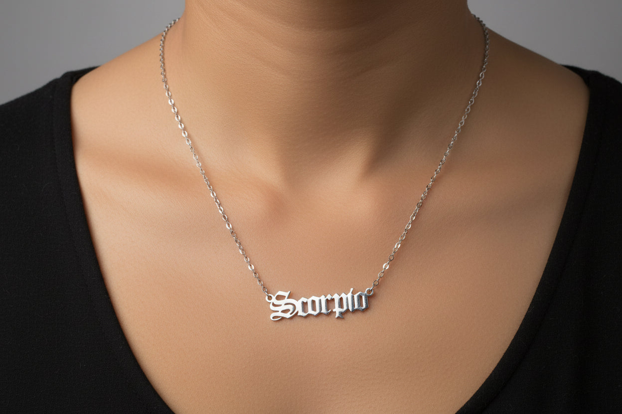 Scorpio Zodiac Necklace – Old English Style Horoscope Pendant, Astrology Jewelry Gift for Him & Her