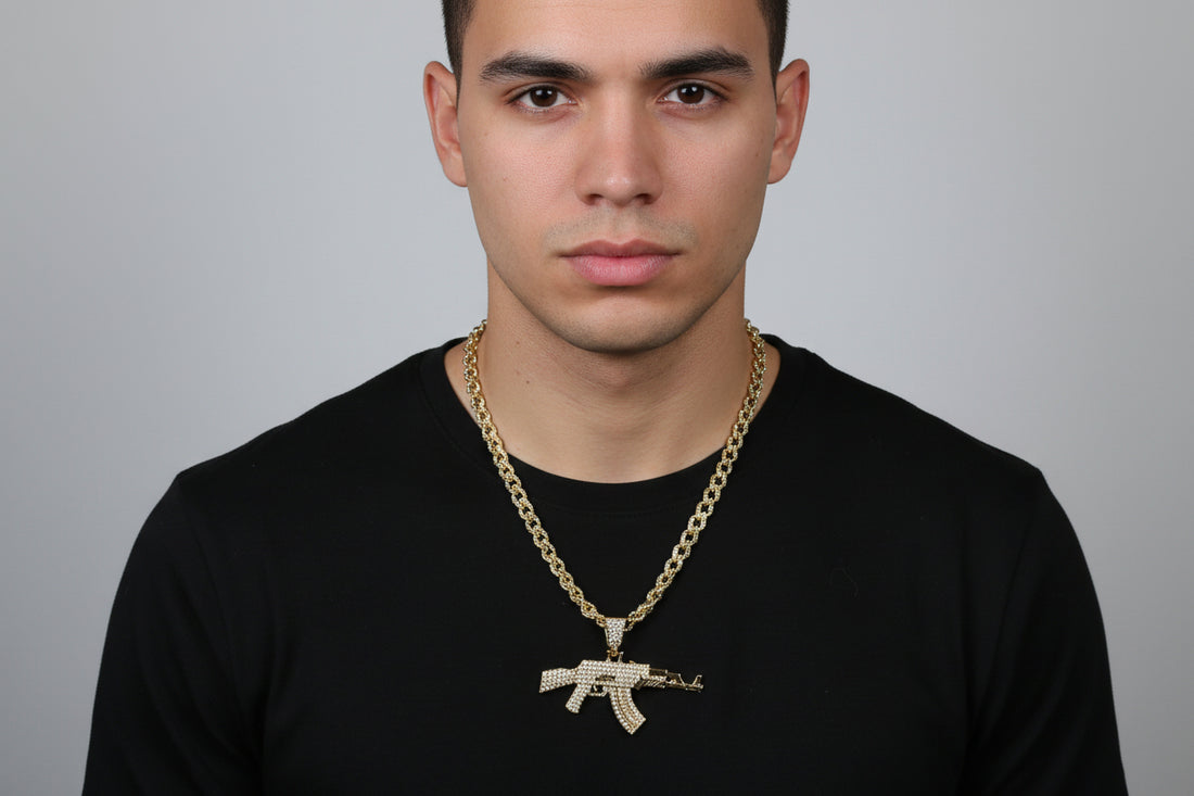 Iced AK-47 Pendant Necklace – 11mm Cuban Chain, Hip Hop Jewelry