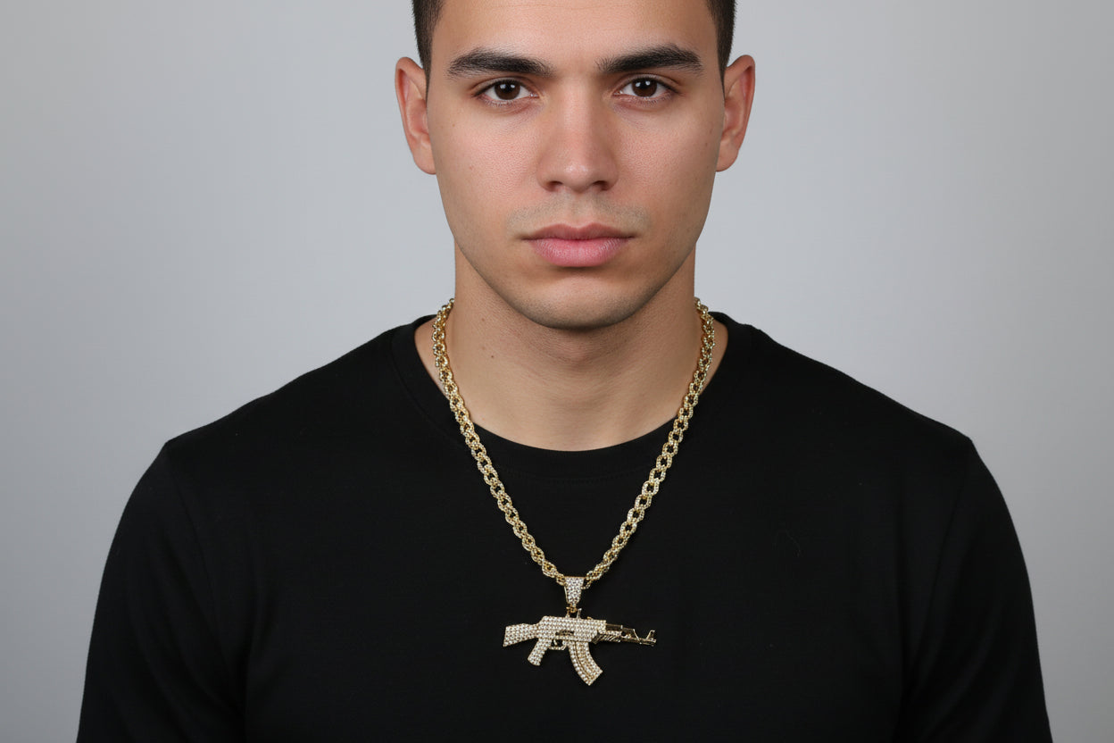 Iced AK-47 Pendant Necklace – 11mm Cuban Chain, Hip Hop Jewelry