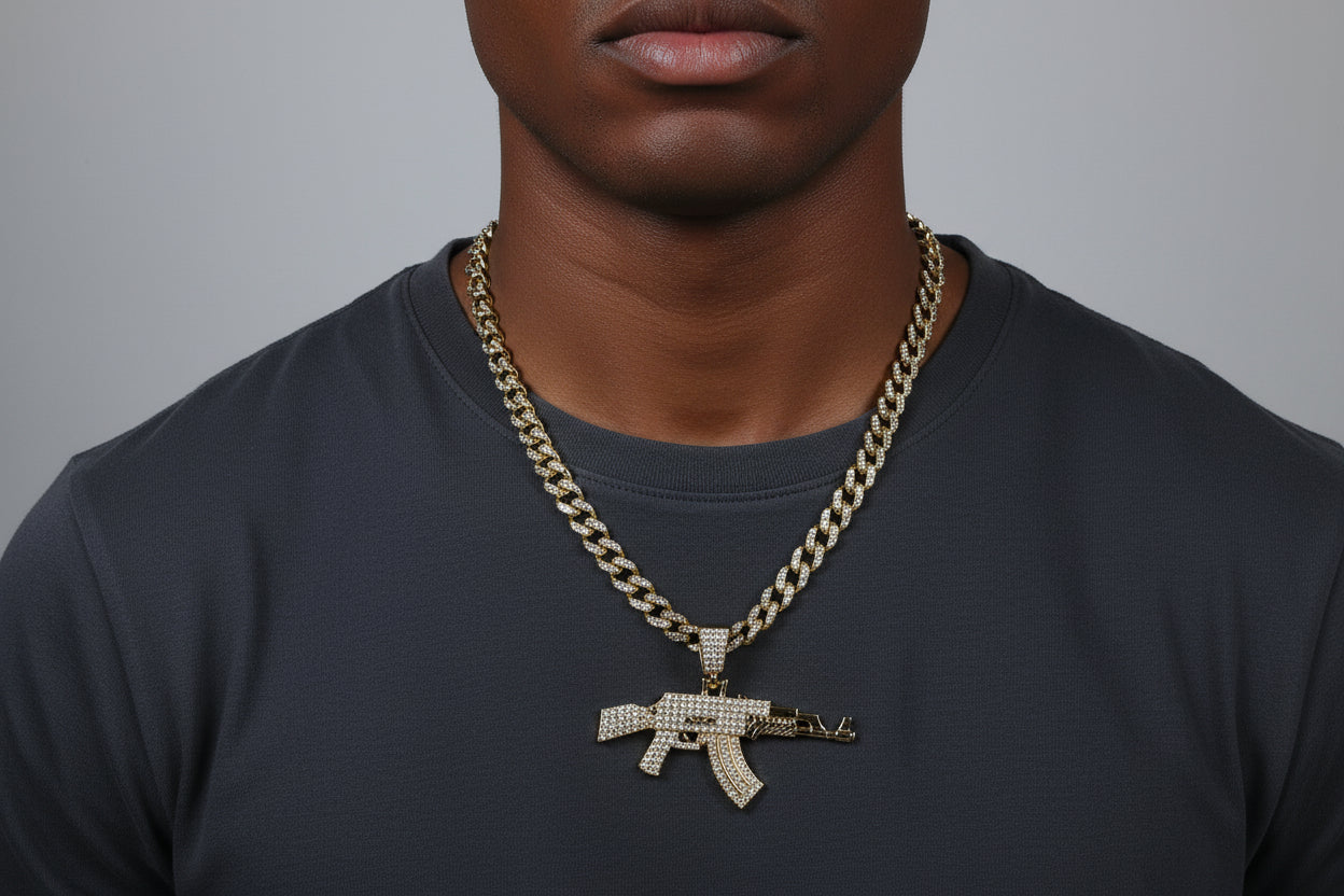 Iced AK-47 Pendant Necklace – 11mm Cuban Chain, Hip Hop Jewelry