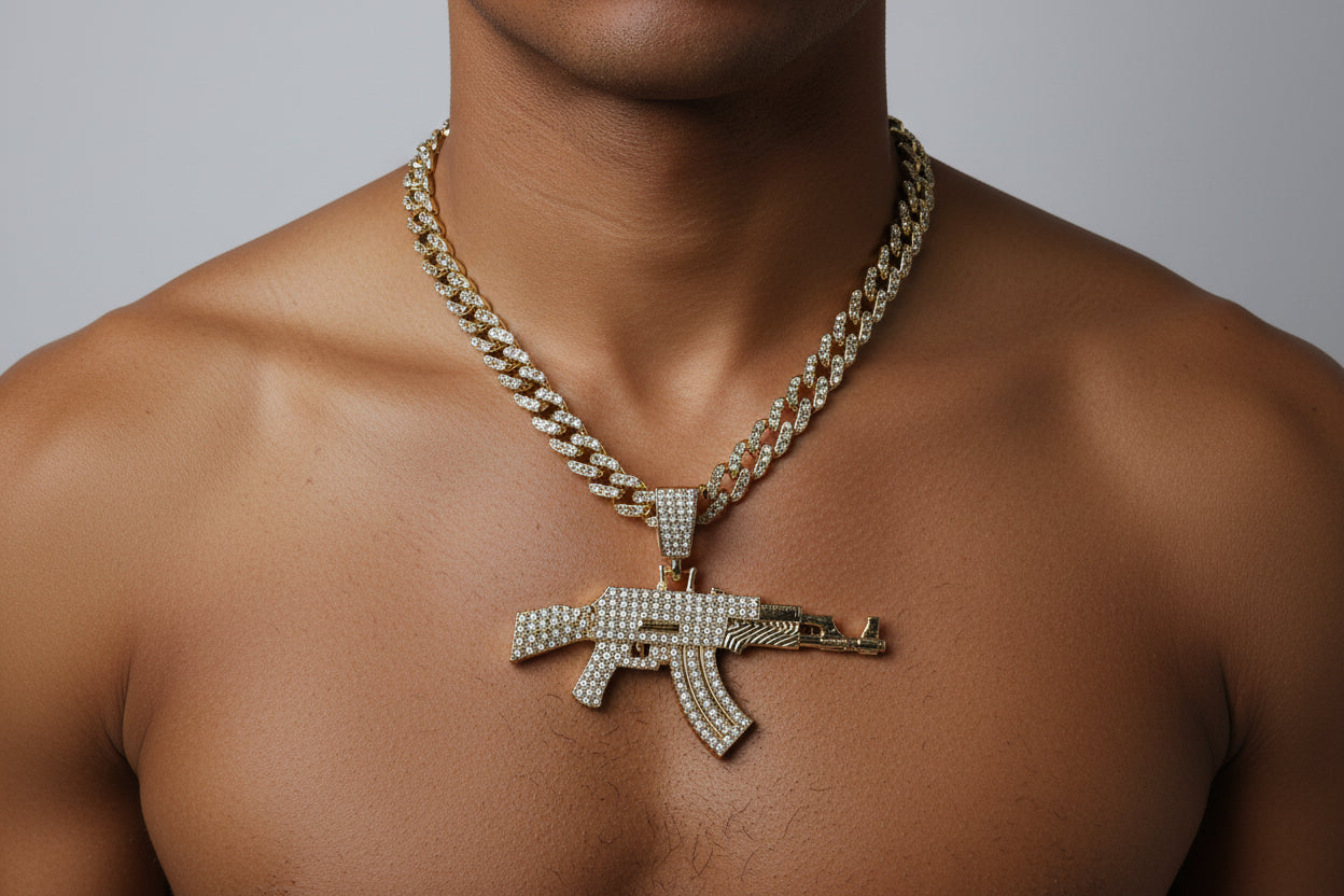 Iced AK-47 Pendant Necklace – 11mm Cuban Chain, Hip Hop Jewelry