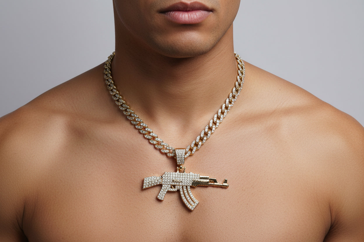 Iced AK-47 Pendant Necklace – 11mm Cuban Chain, Hip Hop Jewelry