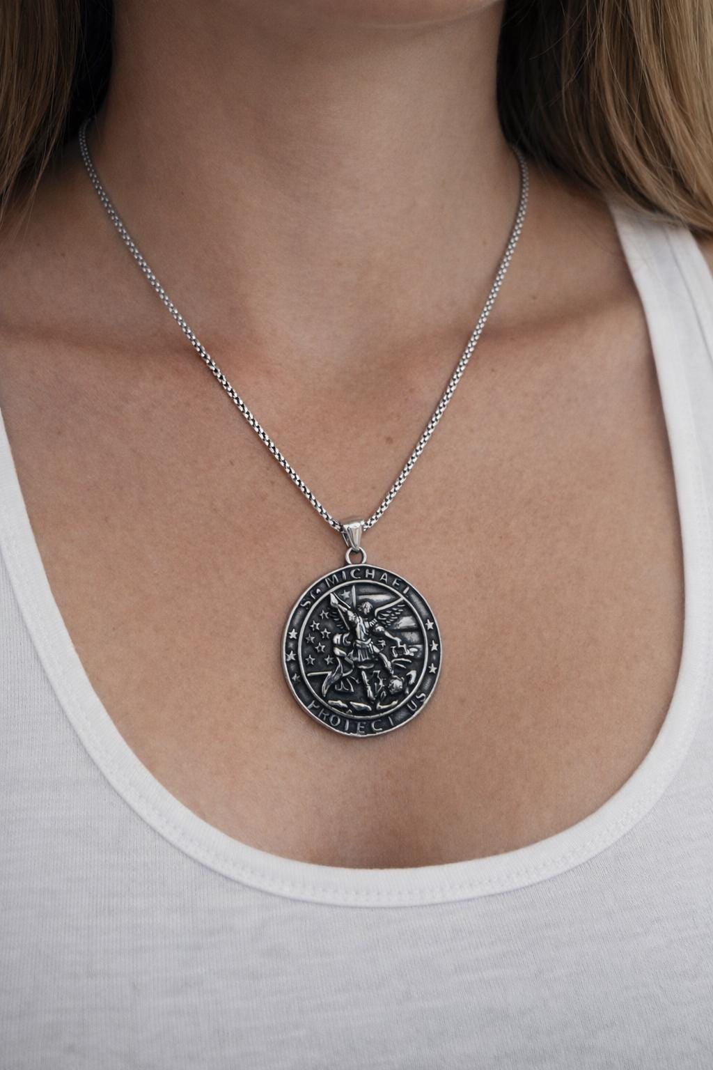 Saint Michael Medallion Necklace, Silver-Tone Archangel Pendant, Religious Protection Jewelry