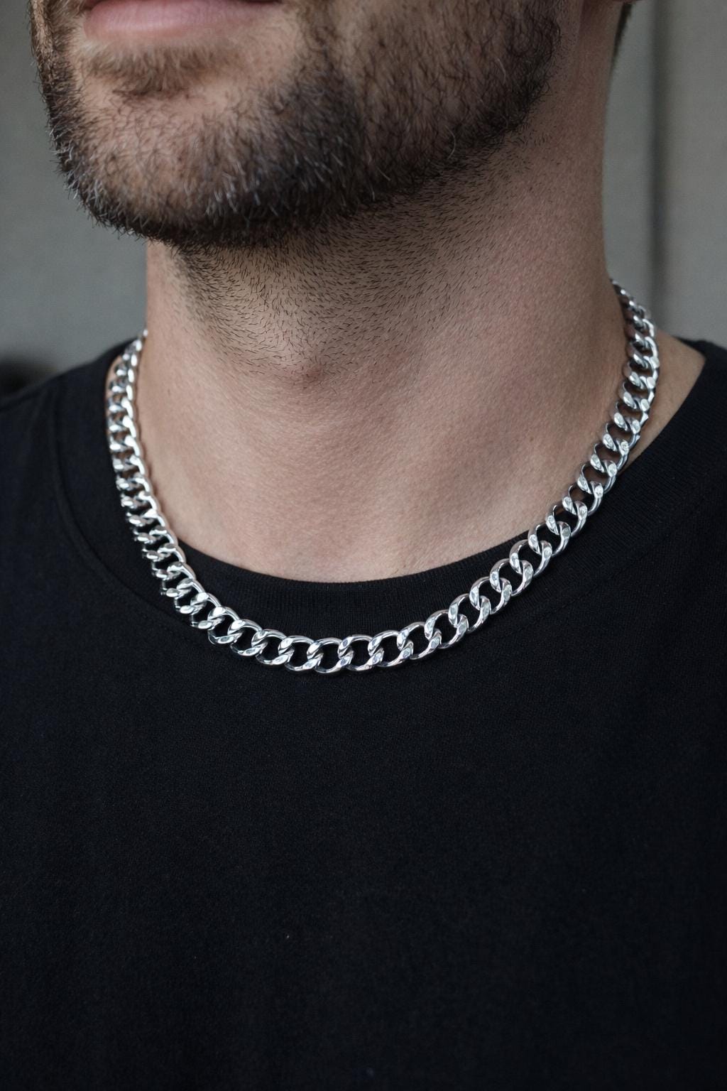 Men’s Silver Curb Chain Necklace – Chunky Stainless Steel Chain, Classic Cuban Link Necklace for Men, Gift for Him