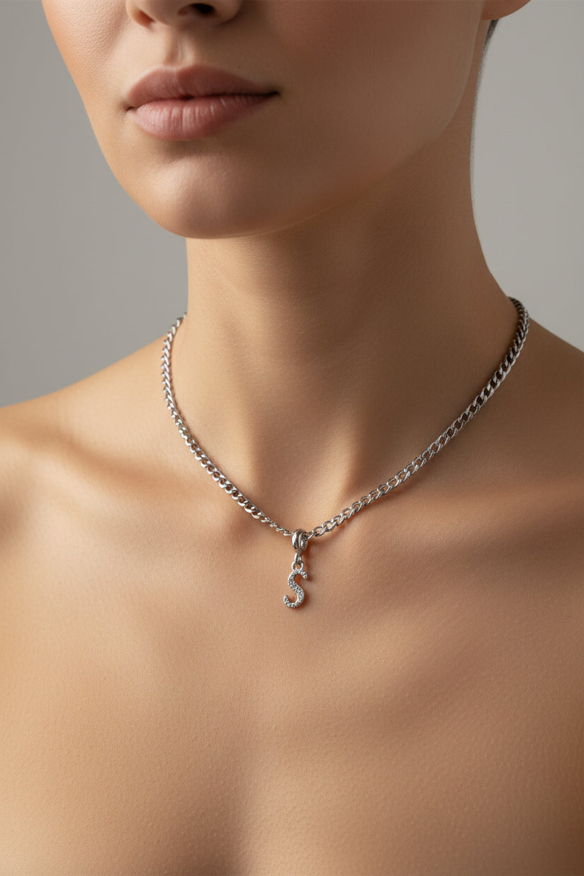 Gold Plated Initial “S” Necklace – English Alphabet Letter Pendant with Cubic Zirconia, Personalized Jewelry Gift