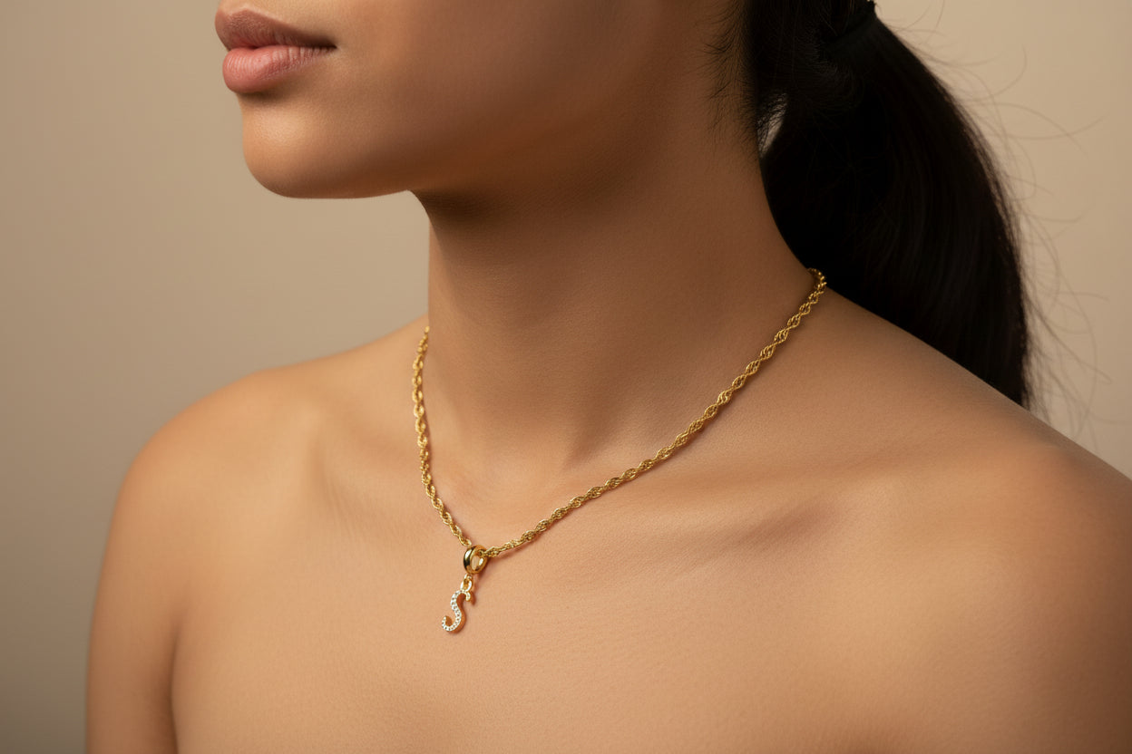 Gold Plated Initial “S” Necklace – English Alphabet Letter Pendant with Cubic Zirconia, Personalized Jewelry Gift