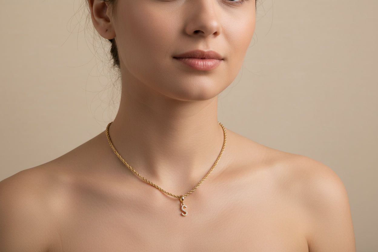 Gold Plated Initial “S” Necklace – English Alphabet Letter Pendant with Cubic Zirconia, Personalized Jewelry Gift