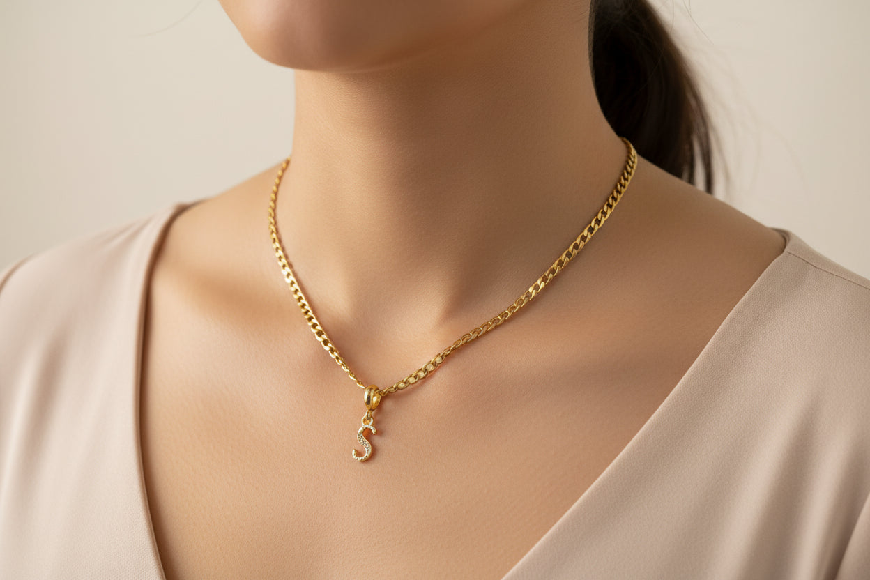 Gold Plated Initial “S” Necklace – English Alphabet Letter Pendant with Cubic Zirconia, Personalized Jewelry Gift