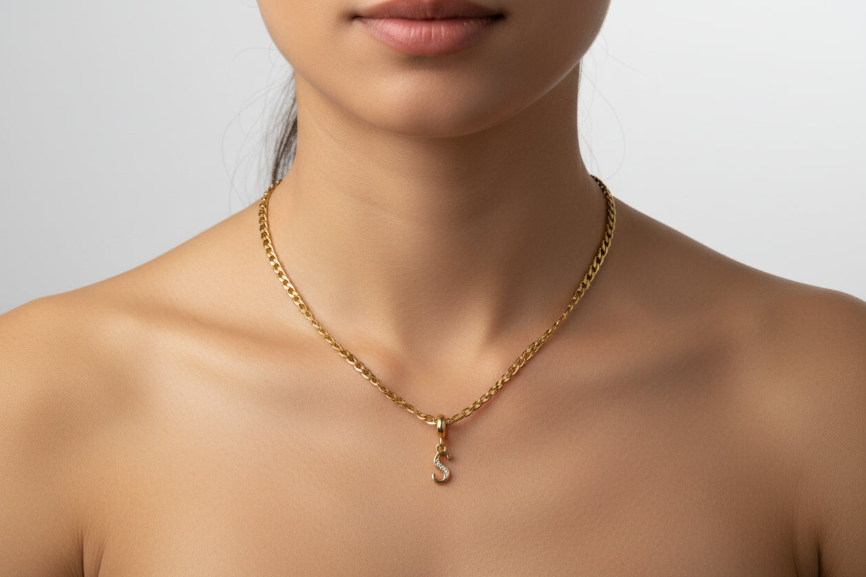 Gold Plated Initial “S” Necklace – English Alphabet Letter Pendant with Cubic Zirconia, Personalized Jewelry Gift