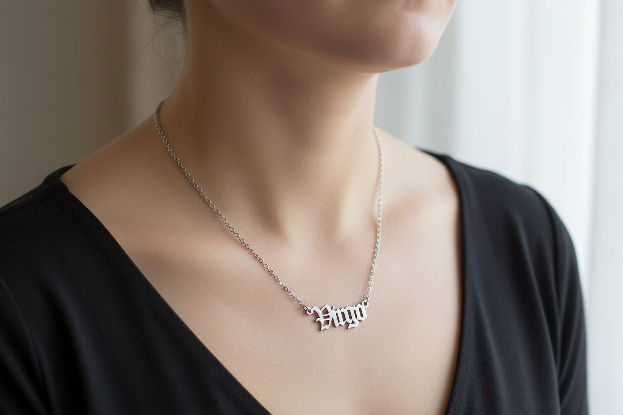 Old English Virgo Necklace • Stainless Steel Zodiac Pendant