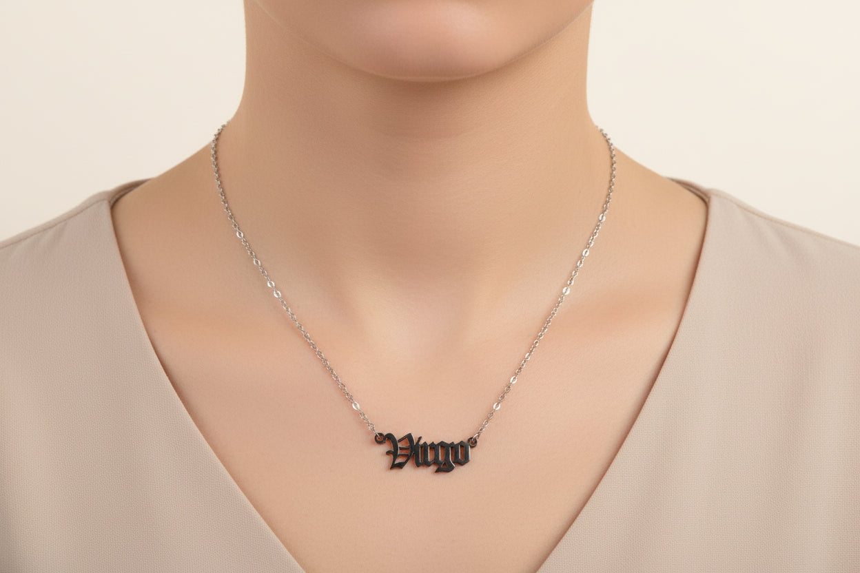 Old English Virgo Necklace • Stainless Steel Zodiac Pendant