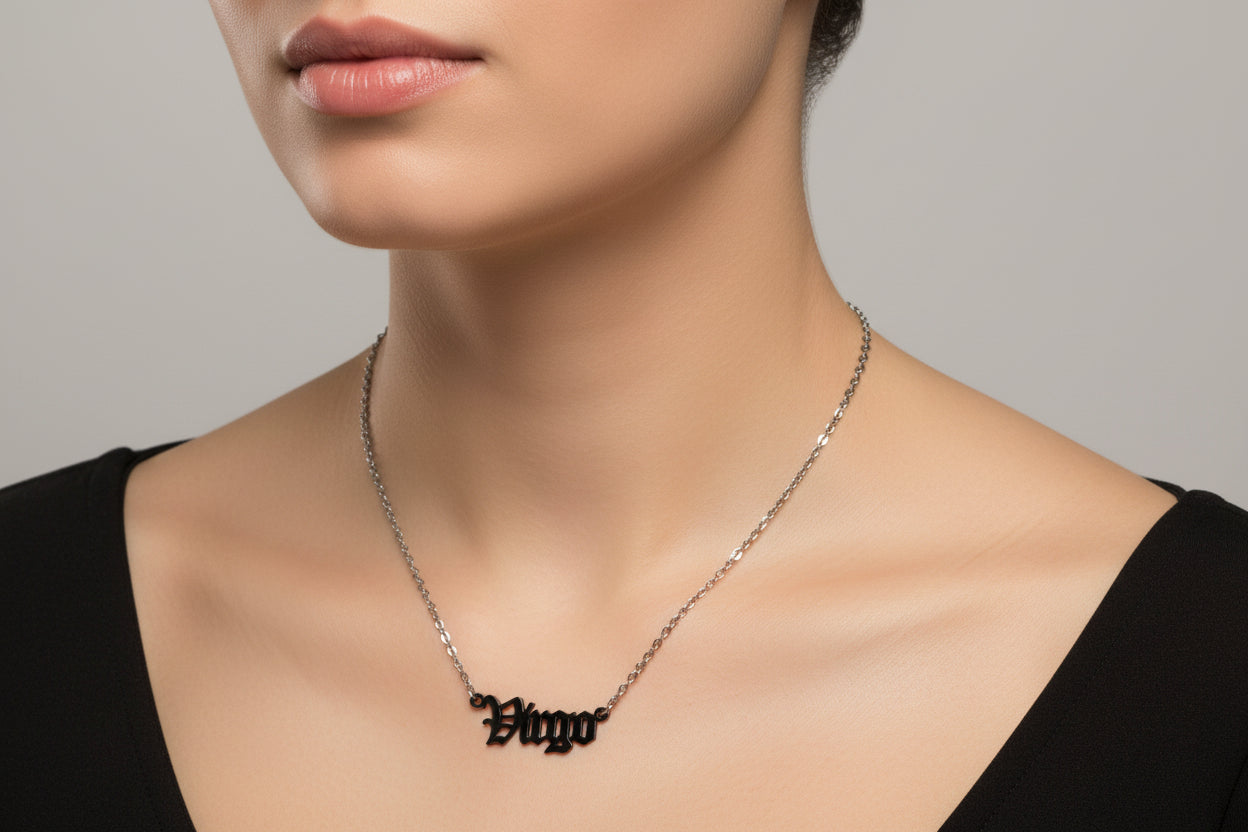 Old English Virgo Necklace • Stainless Steel Zodiac Pendant