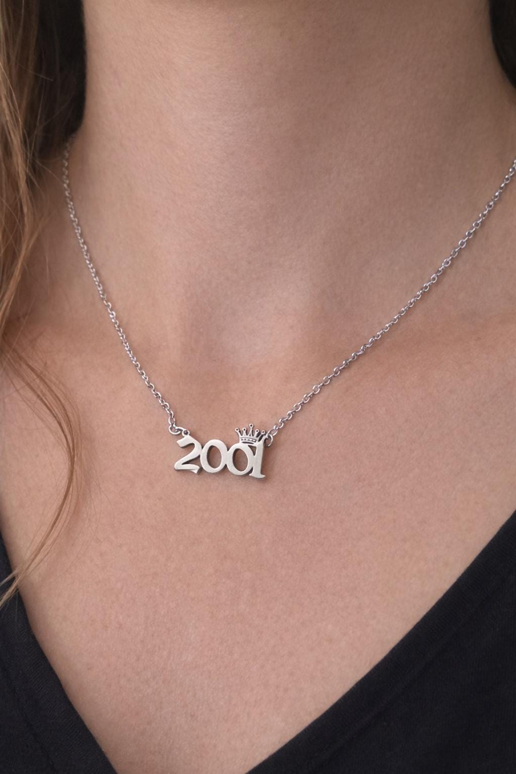 2001 Silver Year Necklace for Women | Birth Year Pendant | Crown Number Necklace | Minimalist Personalised Gift
